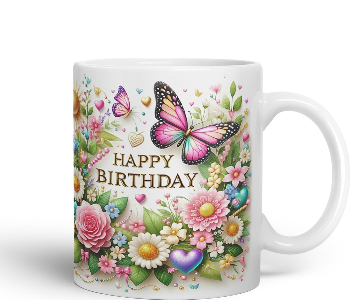 Vixar Happy Birthday Sun Roses Butterflies Coloured Ceramic Mug Cup Gift 11oz V14 (Black)