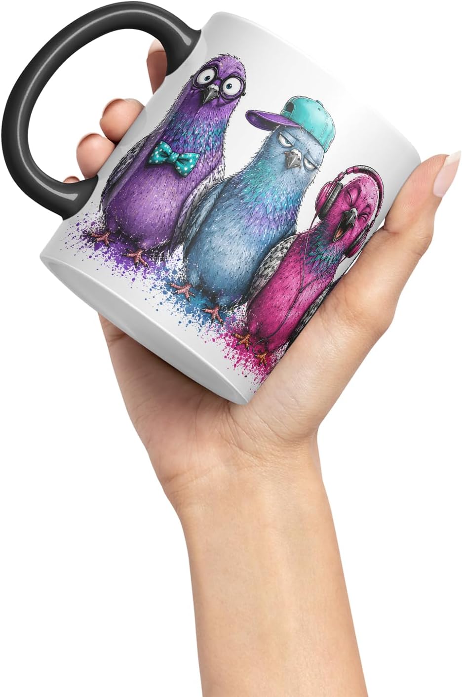 Pigeons Bird Mug – Cute Pigeons Coloured Ceramic Mug Cup Gift, 11oz (Black)