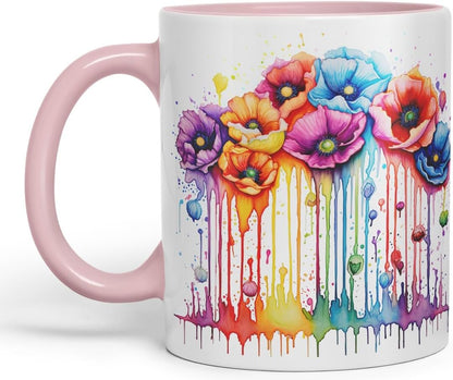 Vixar Poppy Field Art Mug Coloured Ceramic Mug Cup Gift, 11oz (Pink)