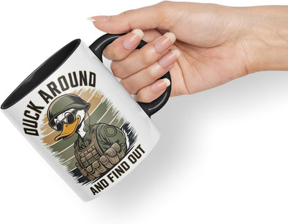 Vixar Duck Around and Find Out – Coloured Ceramic Mug Cup Gift, 11oz (Black)