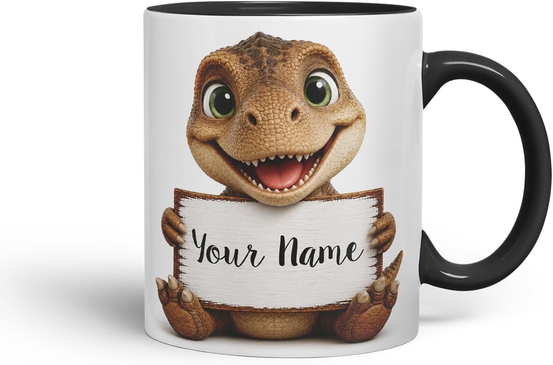 Vixar Personalised T Rex Dinosaur Mug with Name or Custom Message – Cute Animal Coloured Ceramic Mug Cup Gift, 11oz (Black)