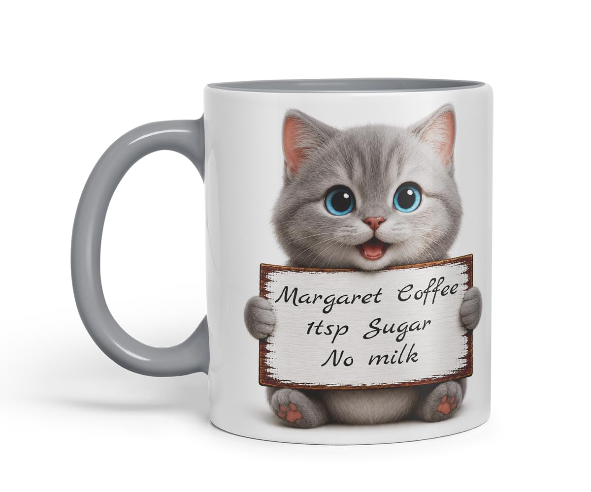Vixar Personalised Grey Cat Mug with Name or Custom Message – Cute Animal Coloured Ceramic Mug Cup Gift, 11oz (Black)