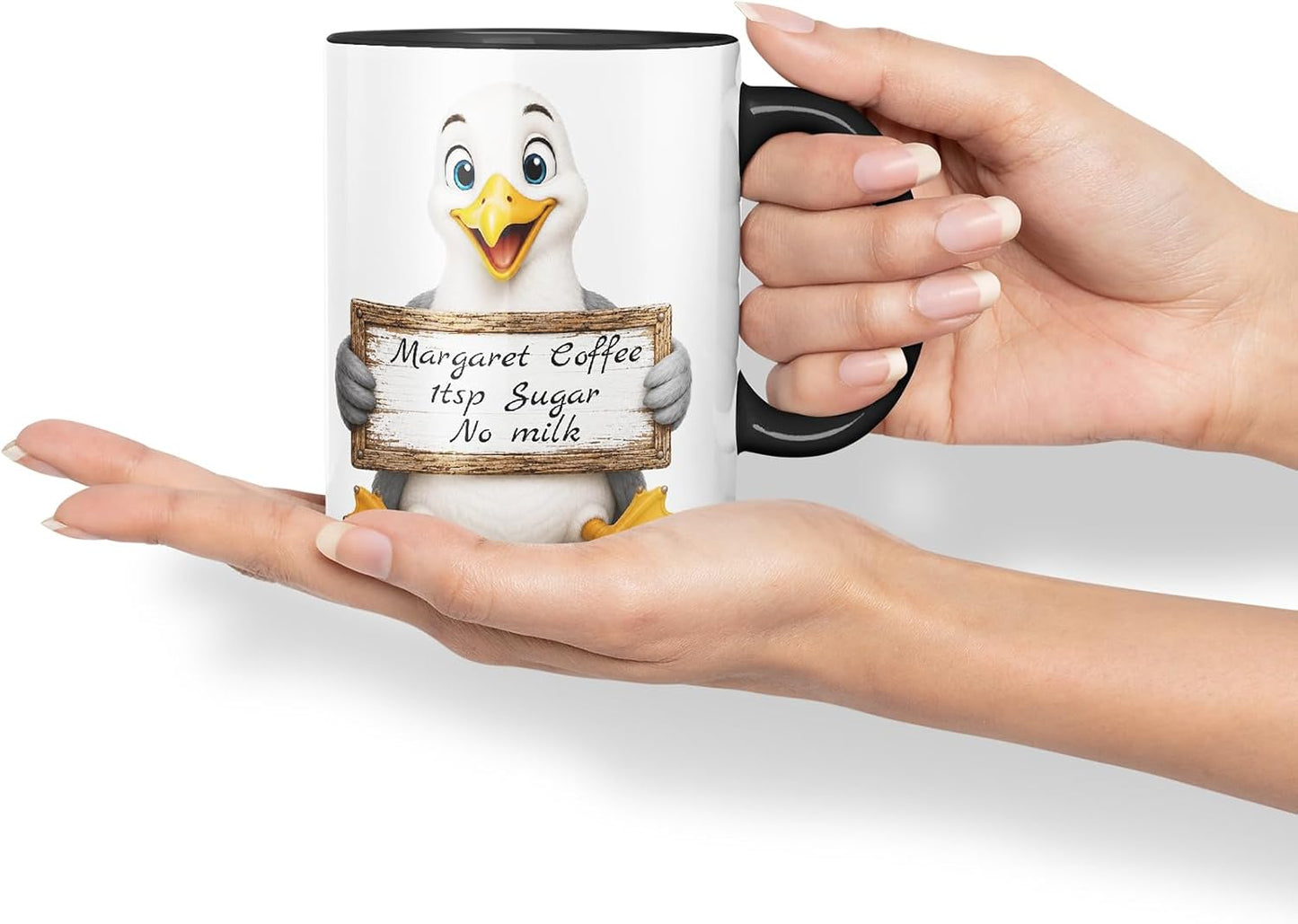 Vixar Personalised Seagull Mug with Name or Custom Message – Cute Animal Coloured Ceramic Mug Cup Gift, 11oz (Black)