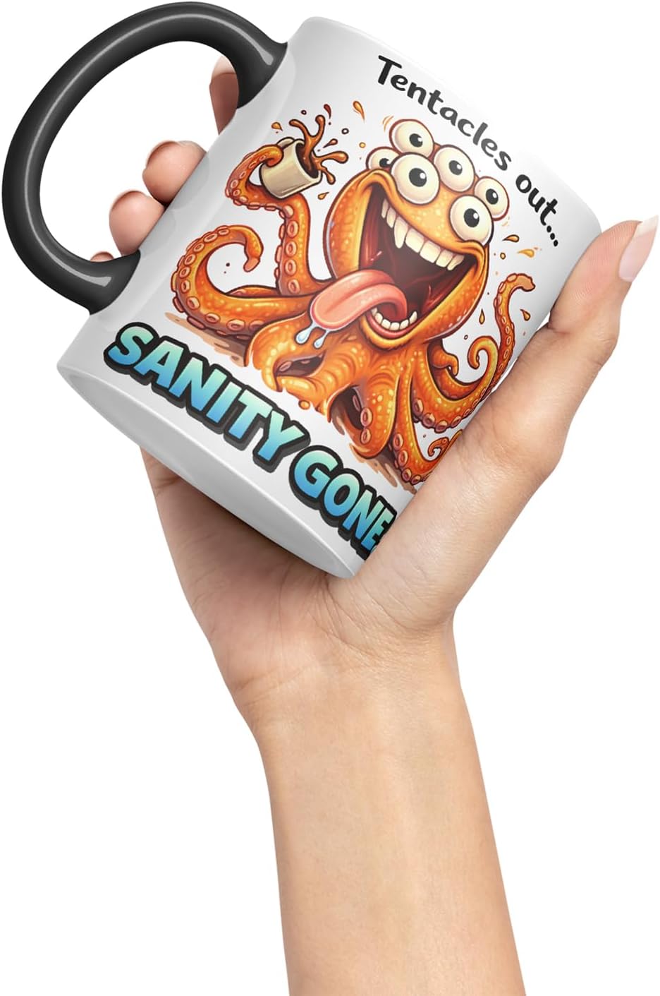 Vixar Tentacles Out Sanity Gone Octopus Coloured Ceramic Mug Cup Gift, 11oz (Black)