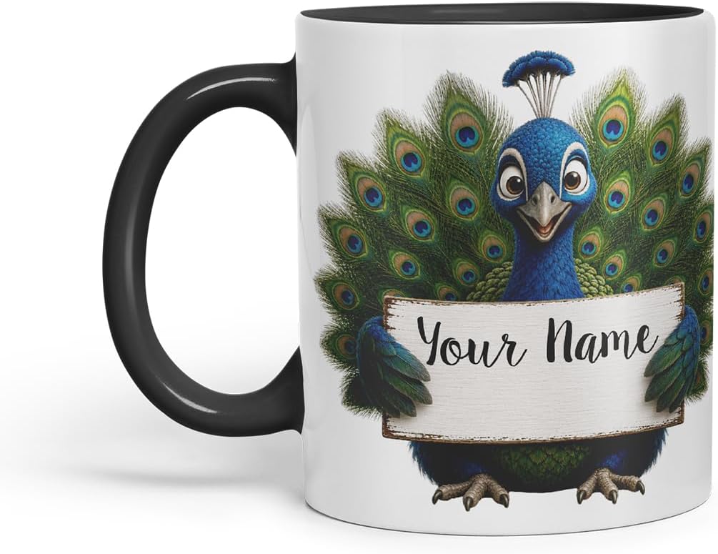 Vixar Personalised Peacock Mug with Name or Custom Message – Cute Animal Coloured Ceramic Mug Cup Gift, 11oz (Black)