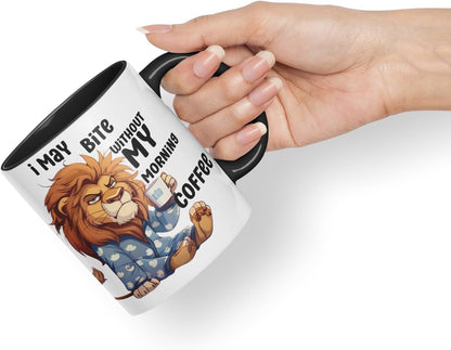 Vixar I May Bite Without My Morning Coffee Sarcastic Lion Coloured Ceramic Mug Cup Gift 11oz (Black)