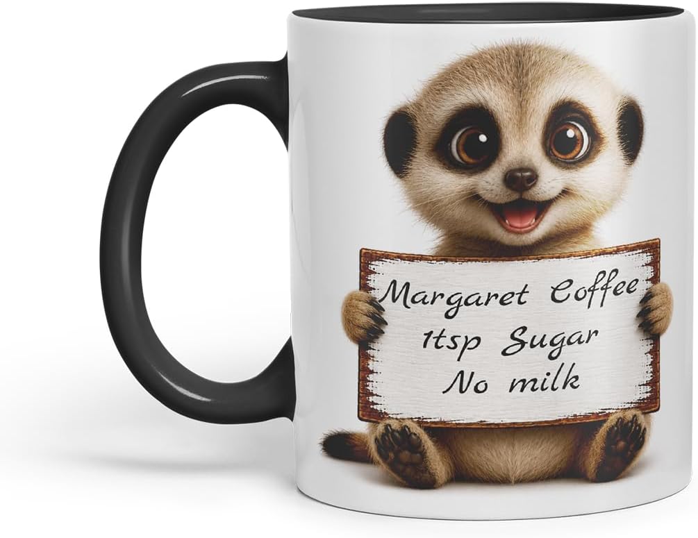 Vixar Personalised Meerkat Mug with Name or Custom Message – Cute Animal Coloured Ceramic Mug Cup Gift, 11oz (Black)