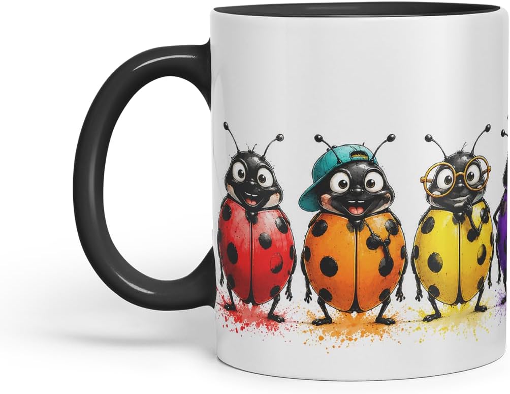 Vixar Ladybird Mug – Cute Ladybug Animal Coloured Ceramic Mug Cup Gift, 11oz (Black)