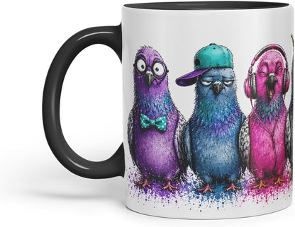 Pigeons Bird Mug – Cute Pigeons Coloured Ceramic Mug Cup Gift, 11oz (Black)