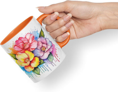 Vixar Camellia Elegant Bloom Mug Coloured Ceramic Mug Cup Gift, 11oz (Orange)