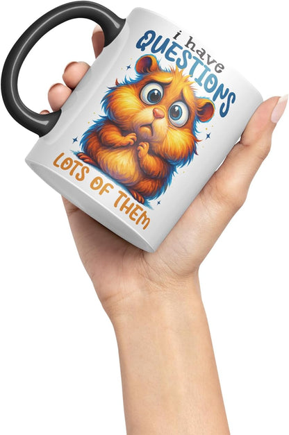 Vixar I Have Questions Lots of Them Funny Hamster Mug – Coloured Ceramic Mug Cup Gift, 11oz (Black)