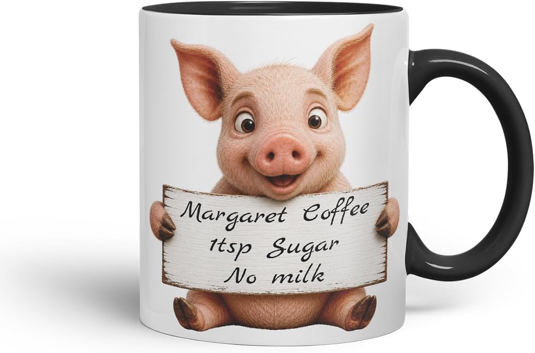 Vixar Personalised Pig Mug with Name or Custom Message – Cute Animal Coloured Ceramic Mug Cup Gift, 11oz (Black)