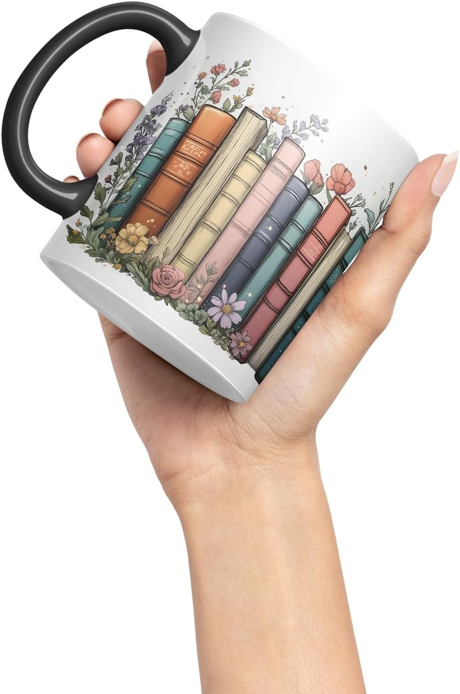 Vixar Floral Bookshelf Coloured Ceramic Mug Cup Gift, 11oz (Black)