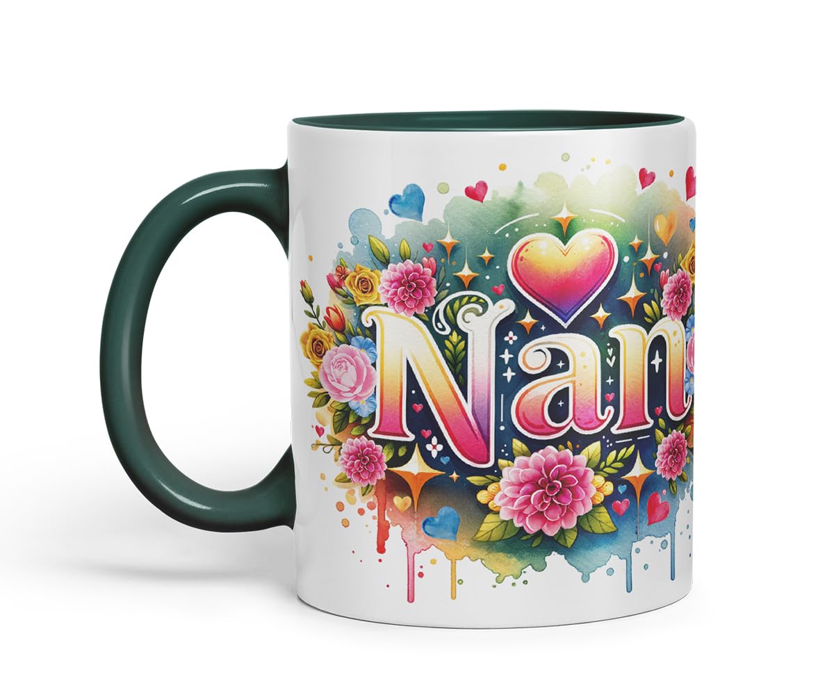Vixar Nan Floral Watercolour Mug – Coloured Ceramic Mug Cup Gift, 11oz (Black)