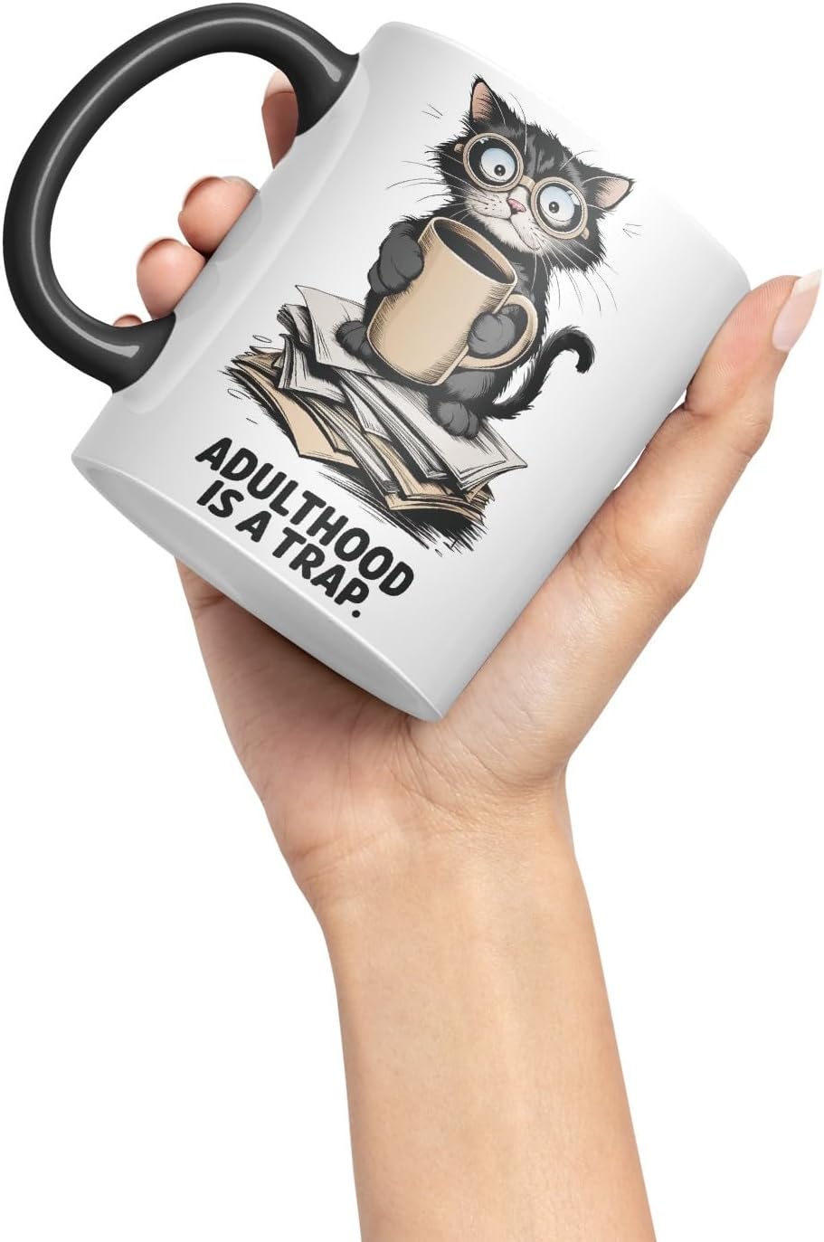Vixar Adulthood is A Trap Cat Mug – Coloured Ceramic Mug Cup Gift, 11oz (Black)