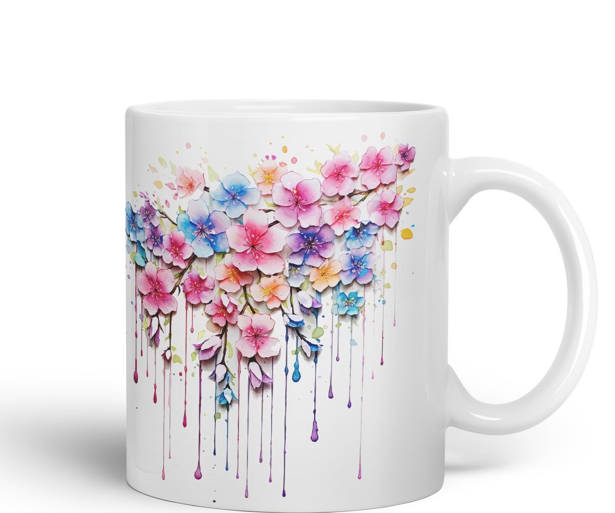 Vixar Cherry Blossom Sakura Mug Coloured Ceramic Mug Cup Gift, 11oz (C Blue)