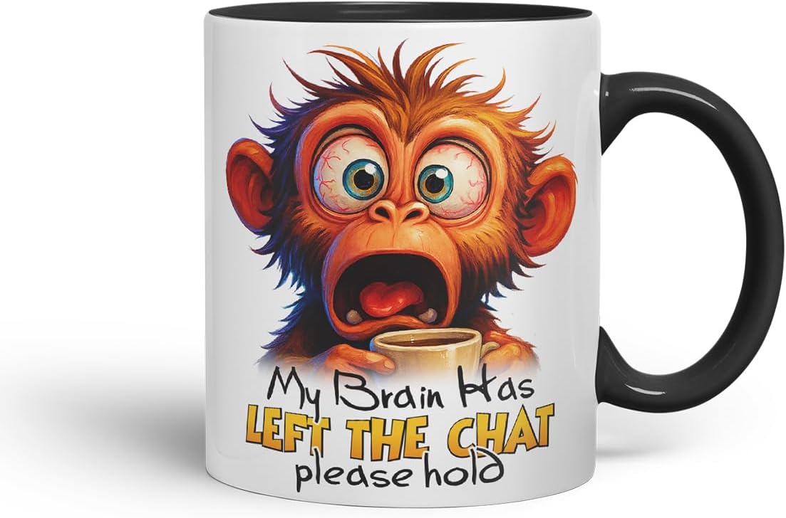 Vixar My Brain Has Left The Chat Please Hold Sarcastic Monkey – Coloured Ceramic Mug Cup Gift, 11oz (Black)