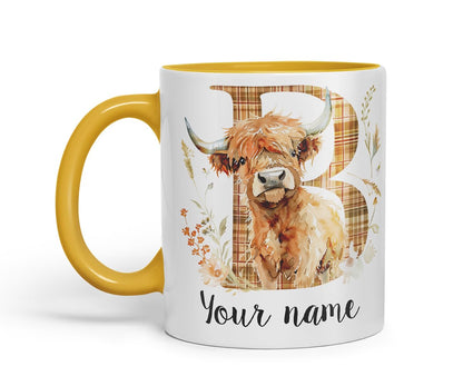 Vixar Personalised Highland Cow Initial Letter B Custom Name Mug – Coloured Ceramic Mug Cup Gift, 11oz (Black)