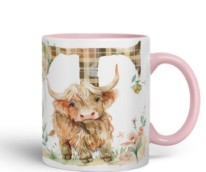 Vixar Highland Cow Alphabet Monogram Coloured Ceramic Cup Mug – Letter T – Rustic Farmhouse Animal Letter Gift – 11oz (Black)