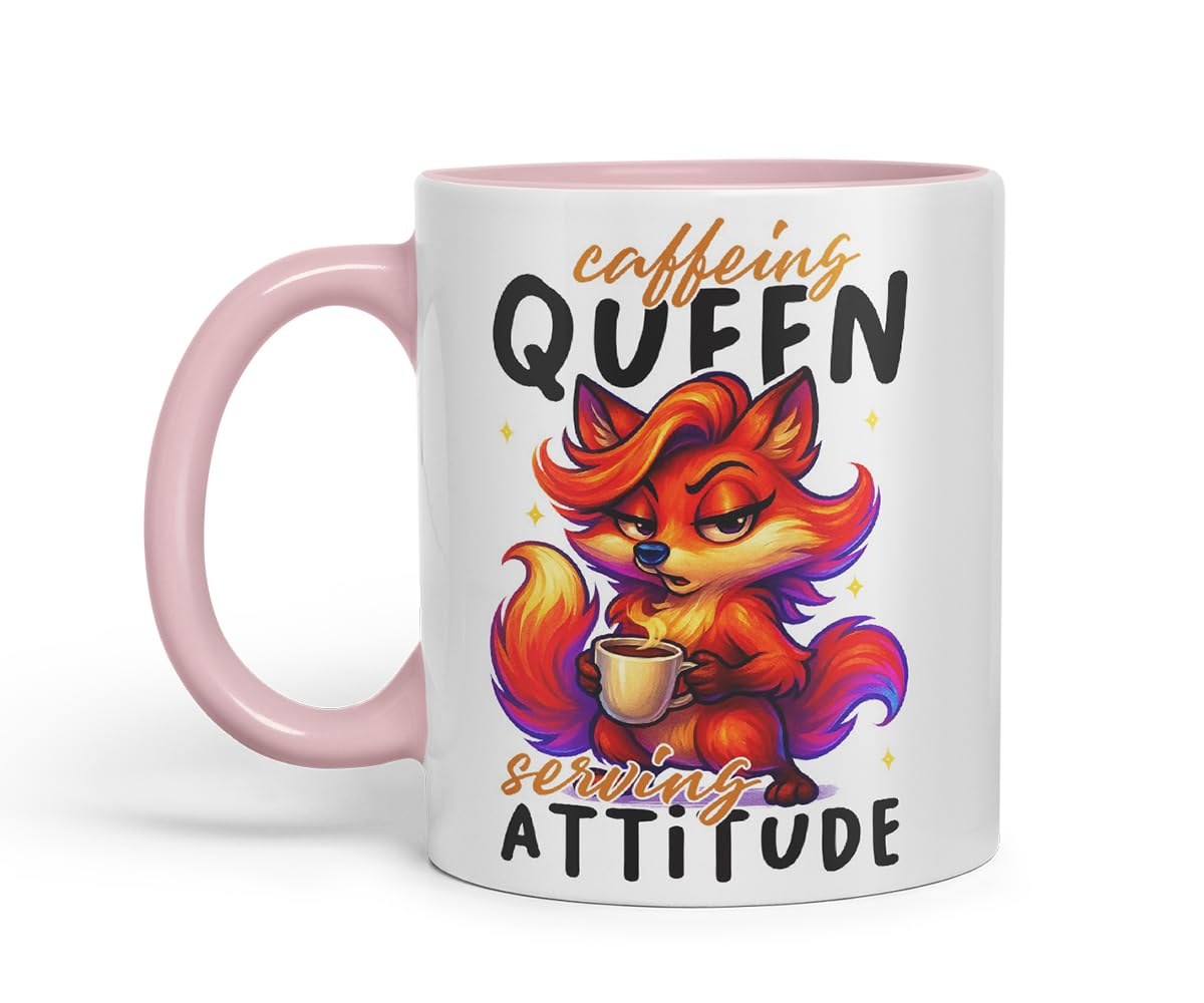 Vixar Caffeine Queen Serving Attitude Funny Fox Mug – Coloured Ceramic Mug Cup Gift, 11oz (Black)