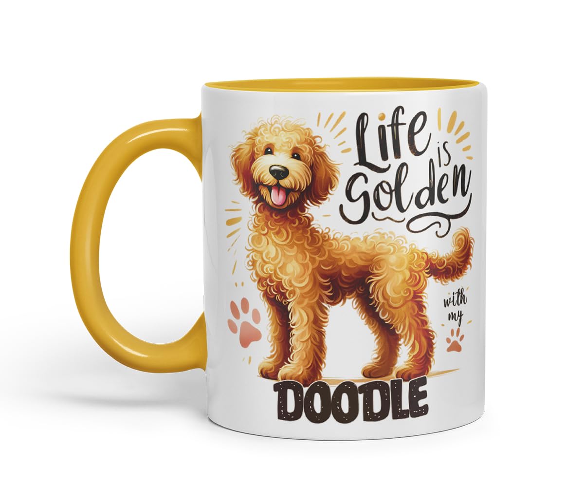 Vixar Life is Golden with My Doodle Dog Mug – Coloured Ceramic Mug Cup Gift, 11oz (Black)