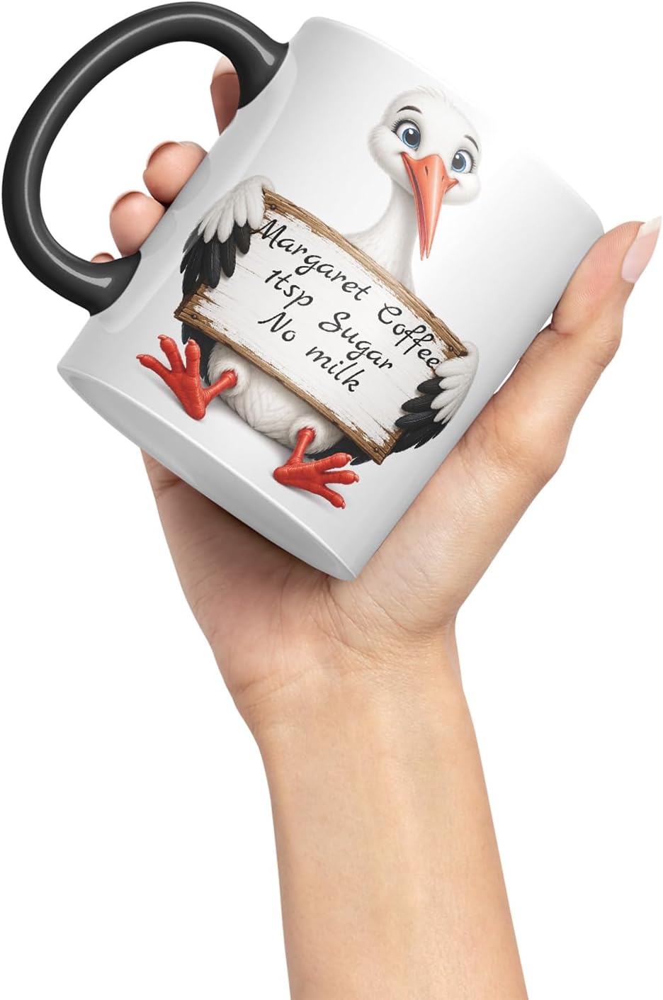 Vixar Personalised Stork Mug with Name or Custom Message – Cute Animal Coloured Ceramic Mug Cup Gift, 11oz (Black)