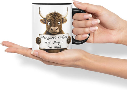 Vixar Personalised Bull Mug with Name or Custom Message – Cute Animal Coloured Ceramic Mug Cup Gift, 11oz (Black)