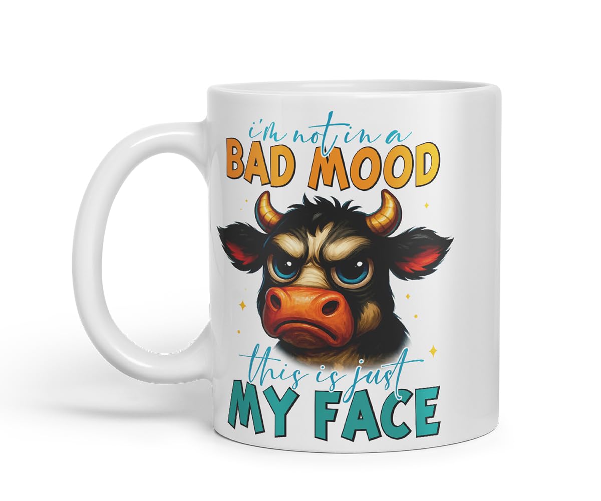 Vixar I'm Not in A Bad Mood This is Just My Face Sarcastic Cow – Coloured Ceramic Mug Cup Gift, 11oz (Black)
