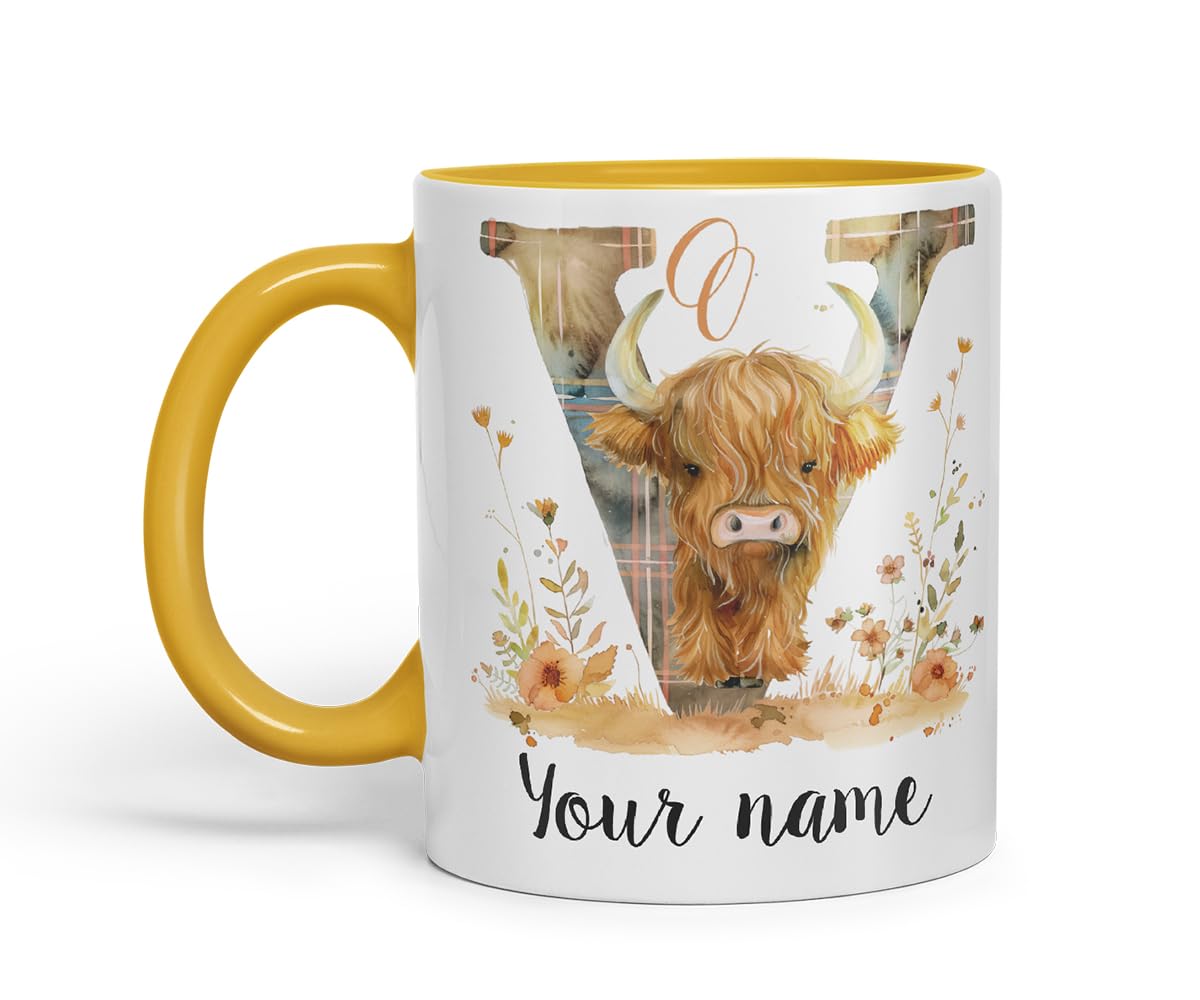 Vixar Personalised Highland Cow Initial Letter V Custom Name Mug – Coloured Ceramic Mug Cup Gift, 11oz (Black)