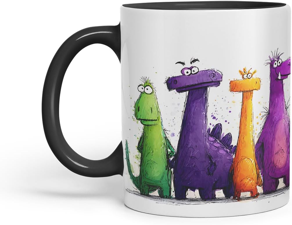 Vixar Funny Colourful Dino Friends Design – Cute Dinosaur Character Mug for Dino Lovers, Coloured Mug Cup Gift, 11oz (Black)
