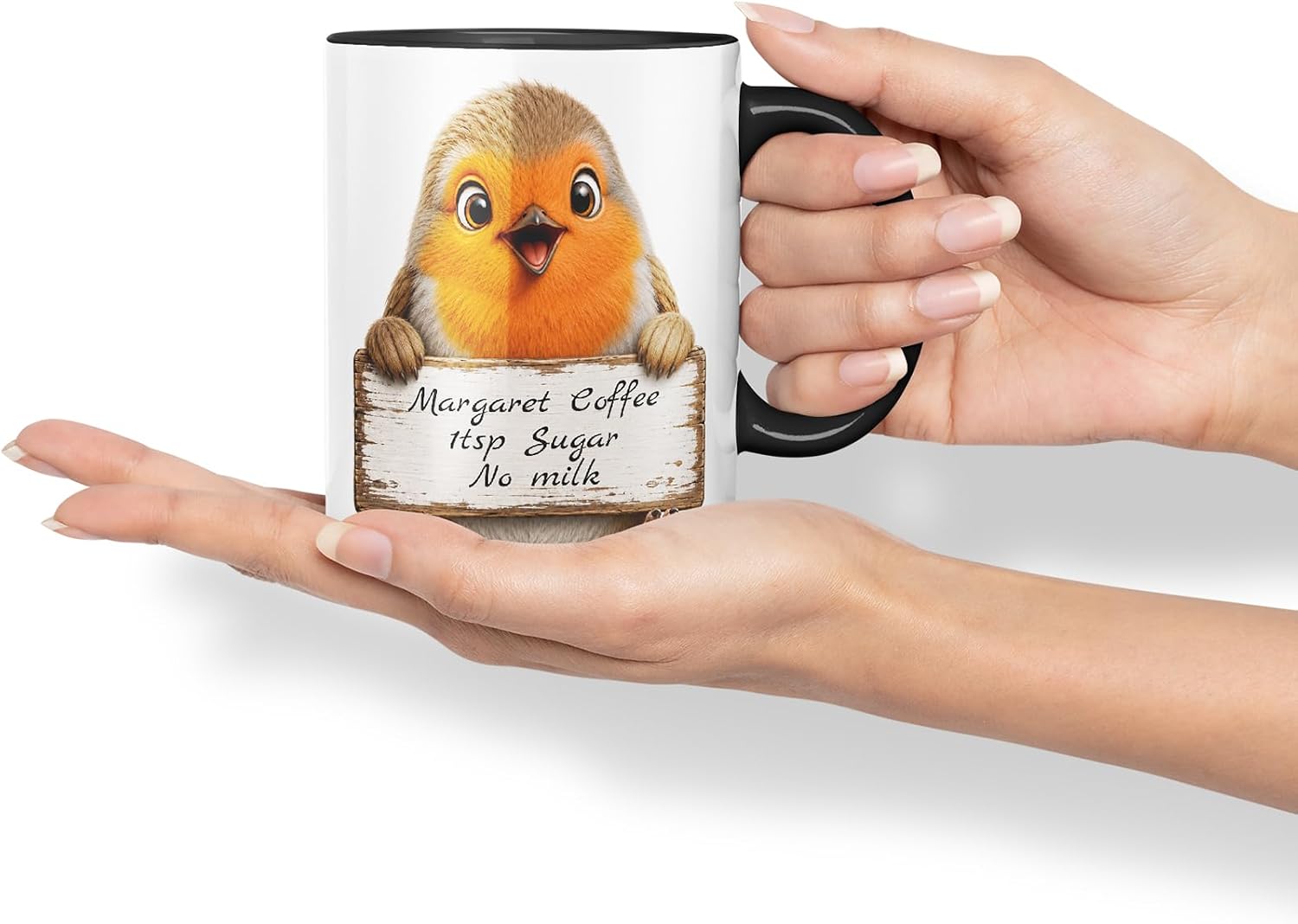 Vixar Personalised Robin Mug with Name or Custom Message – Cute Animal Coloured Ceramic Mug Cup Gift, 11oz (Black)