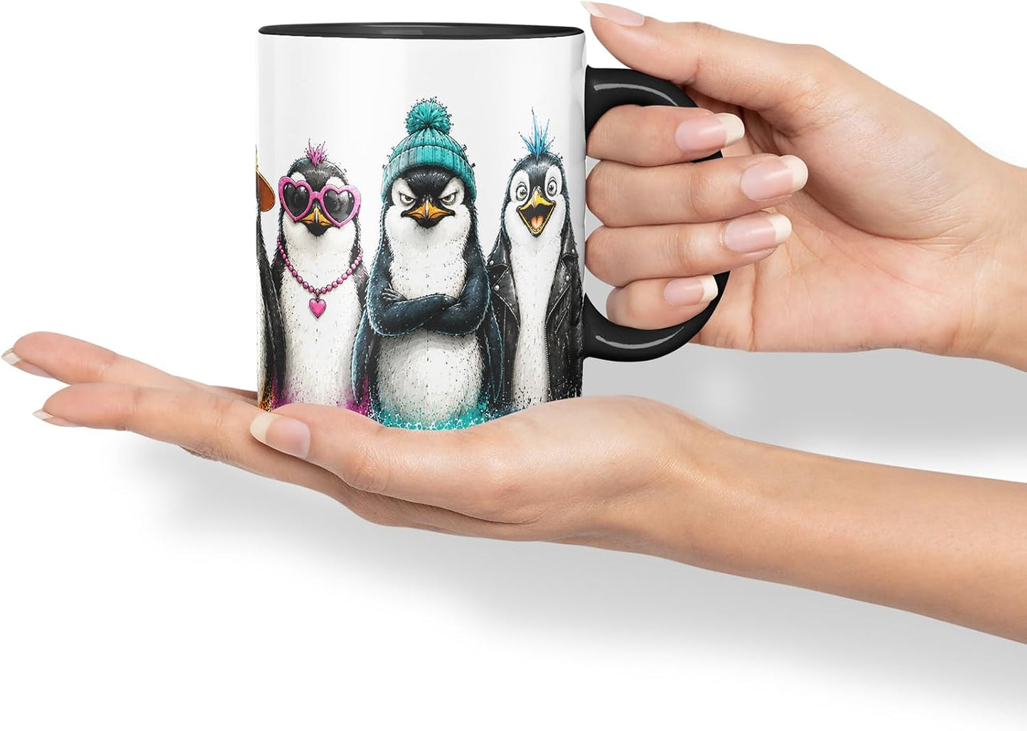 Penguin Mug – Cute Penguins Coloured Ceramic Mug Cup Gift, 11oz (Black)