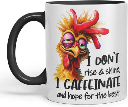 Vixar Mug Sarcastic with Text: I Don’t Rise & Shine I Caffeinate and Hope for The Best Coloured Ceramic Mug Cup 11oz Funny Sarcastic Gift (Black)