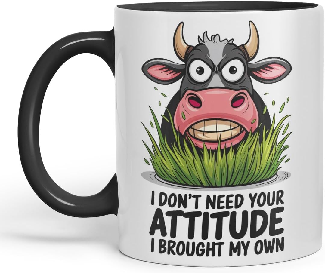Vixar I Don’t Need Your Attitude I Brought My Own Cow Joke Coloured Ceramic Mug Cup Gift, 11oz (Black)