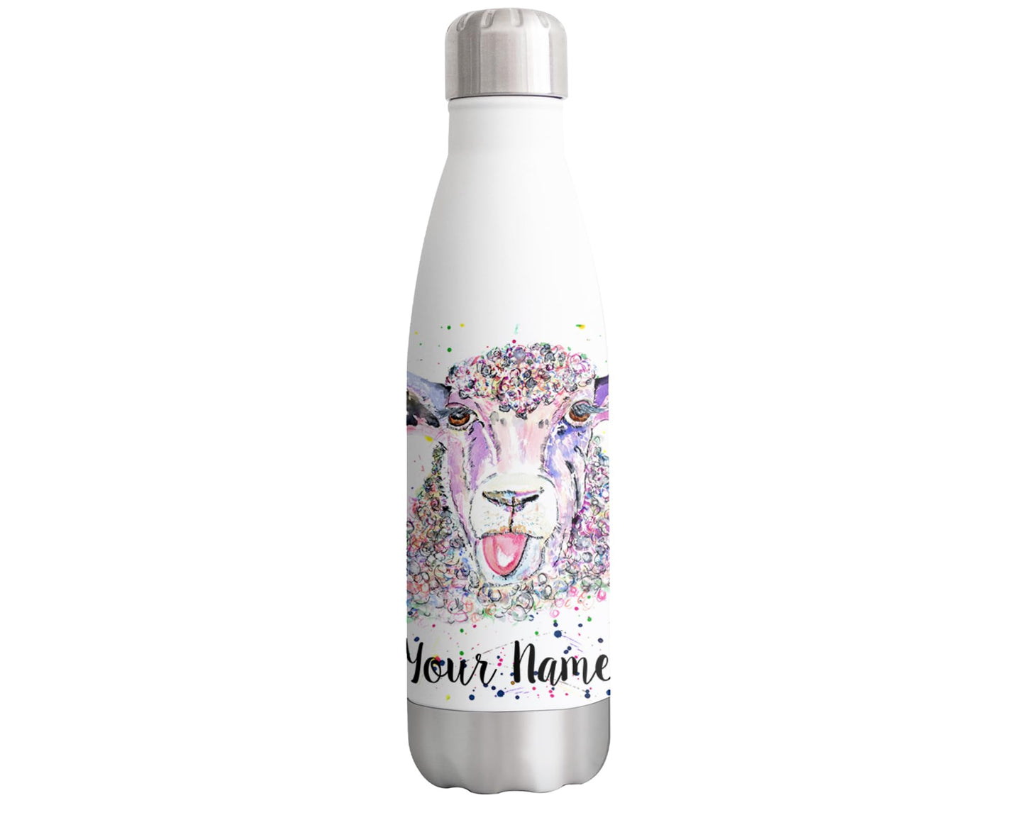 Vixar Sheep Eve Personalised Custom Bottle with your Text/name Watercolour Farm Animals Bottle Double Wall Insulated Stainless Steel Sport Drinks 500ml