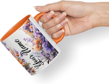 Vixar Personalised Orange Daisy Mug – Custom Your Name Coloured Ceramic Mug Cup Gift, 11oz (Orange)