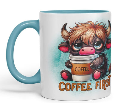 Vixar Coffee First Highland Cow Coloured Ceramic Mug Cup Gift for Coffee Lovers 11oz (Black)