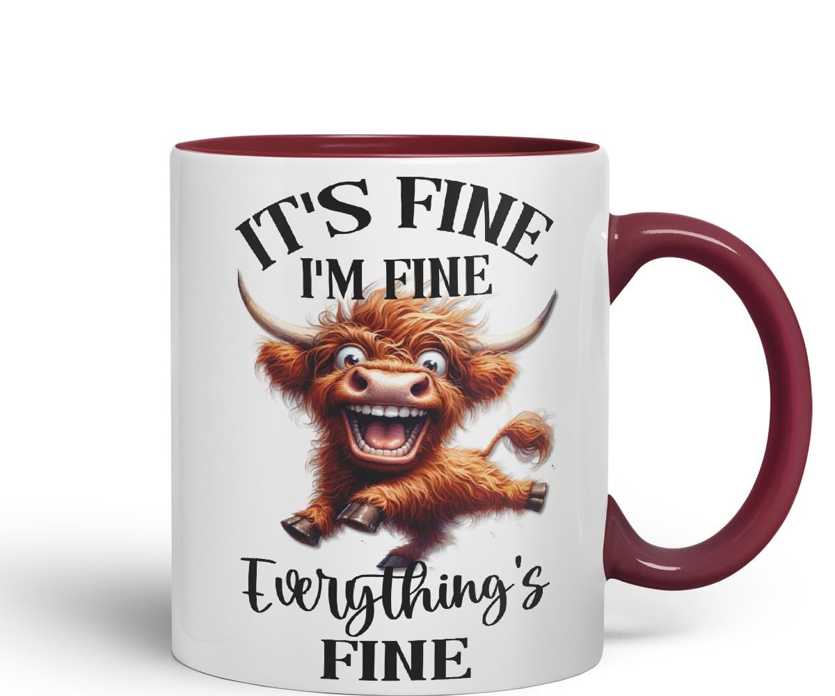 Vixar It's Fine I'm Fine Everything is ..., Highland Cow Scottish Joke Sarcastic Ceramic Coloured Mug Cup 330ml 11Oz FHC2(Black)