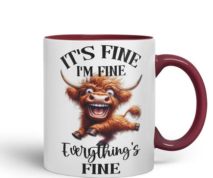Vixar It's Fine I'm Fine Everything is ..., Highland Cow Scottish Joke Sarcastic Ceramic Coloured Mug Cup 330ml 11Oz FHC2(Black)