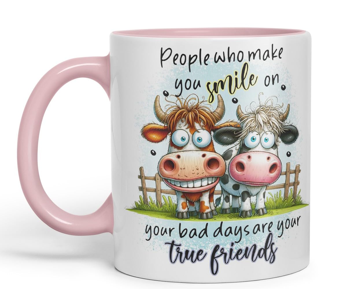 Vixar People Who Make You Smile On Your Bad Days are Your True Friends Funny Highland Cow Coloured Mug Cup 11oz (Black)