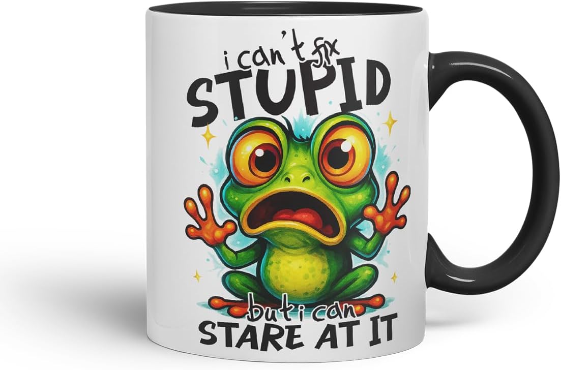 Vixar I Can't Fix Stupid But I Can Stare At It Funny Frog Mug – Coloured Ceramic Mug Cup Gift, 11oz (Black)