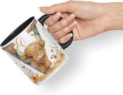 Vixar Highland Cow Alphabet Monogram Coloured Ceramic Cup Mug – Letter V – Rustic Farmhouse Animal Letter Gift – 11oz (Black)