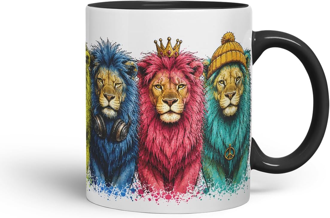 Lion Mug – Cute Lion Animal Coloured Ceramic Mug Cup Gift, 11oz (Black)