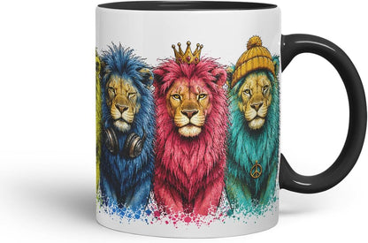 Lion Mug – Cute Lion Animal Coloured Ceramic Mug Cup Gift, 11oz (Black)