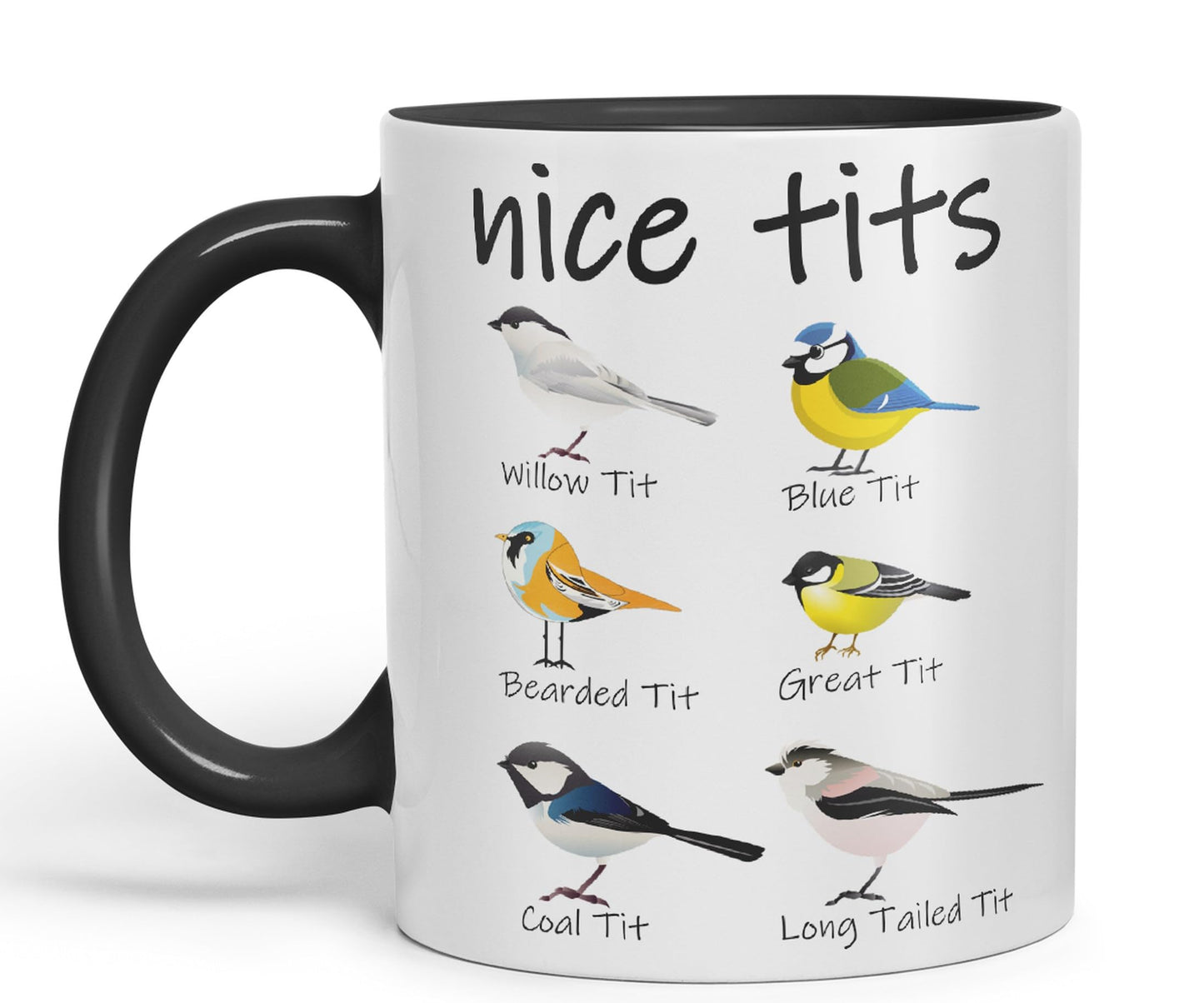 Nice Tits,Willow tit, Blue tit, Bearded tit, Great tit, Coal tit, Long Tailed tit, Sarcastic Joke Ceramic Coloured Mug Cup for Tea Coffee Hot Brew 330ml 11 OZ