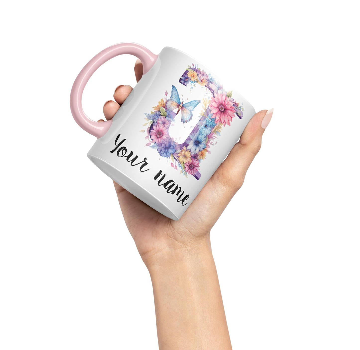 Personalised Letter J mug, Customized Custom Floral flowers butterfly Alphabet Letter J Monogram watercolour Ceramic Coloured Mug Cup for Tea Coffee Hot brew 330ml 11Oz Gift