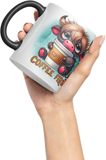 Vixar Coffee First Highland Cow Coloured Ceramic Mug Cup Gift for Coffee Lovers 11oz (Black)