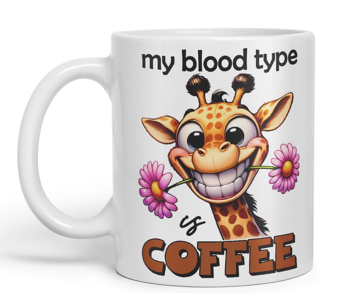 Vixar My Blood Type is Coffee Sarcastic Giraffe Mug Coloured Ceramic Cup 11oz (Black)