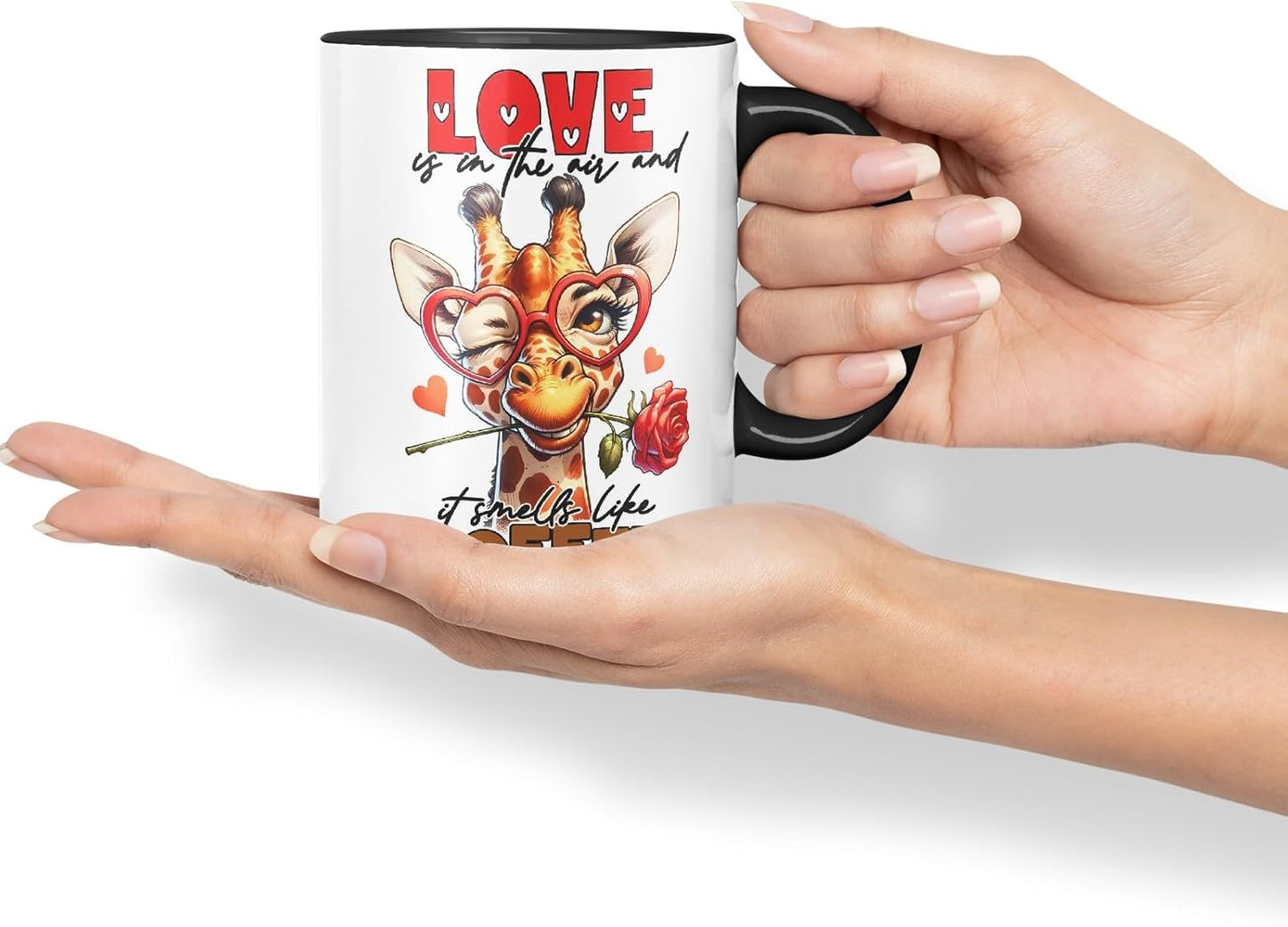 Vixar Love is in The Air and It Smells Like Coffee Sarcastic Giraffe Mug, Coloured Ceramic Cup 11oz (Black)