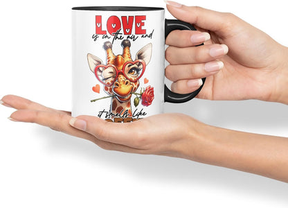 Vixar Love is in The Air and It Smells Like Coffee Sarcastic Giraffe Mug, Coloured Ceramic Cup 11oz (Black)
